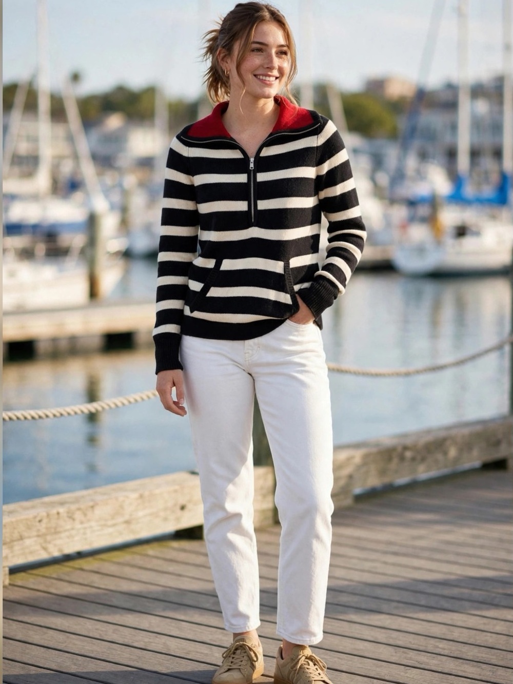 LAUREN RALPH LAUREN STRIPED QUARTER ZIP SWEATER BLACK CREAM RED COLLAR WOMENS S